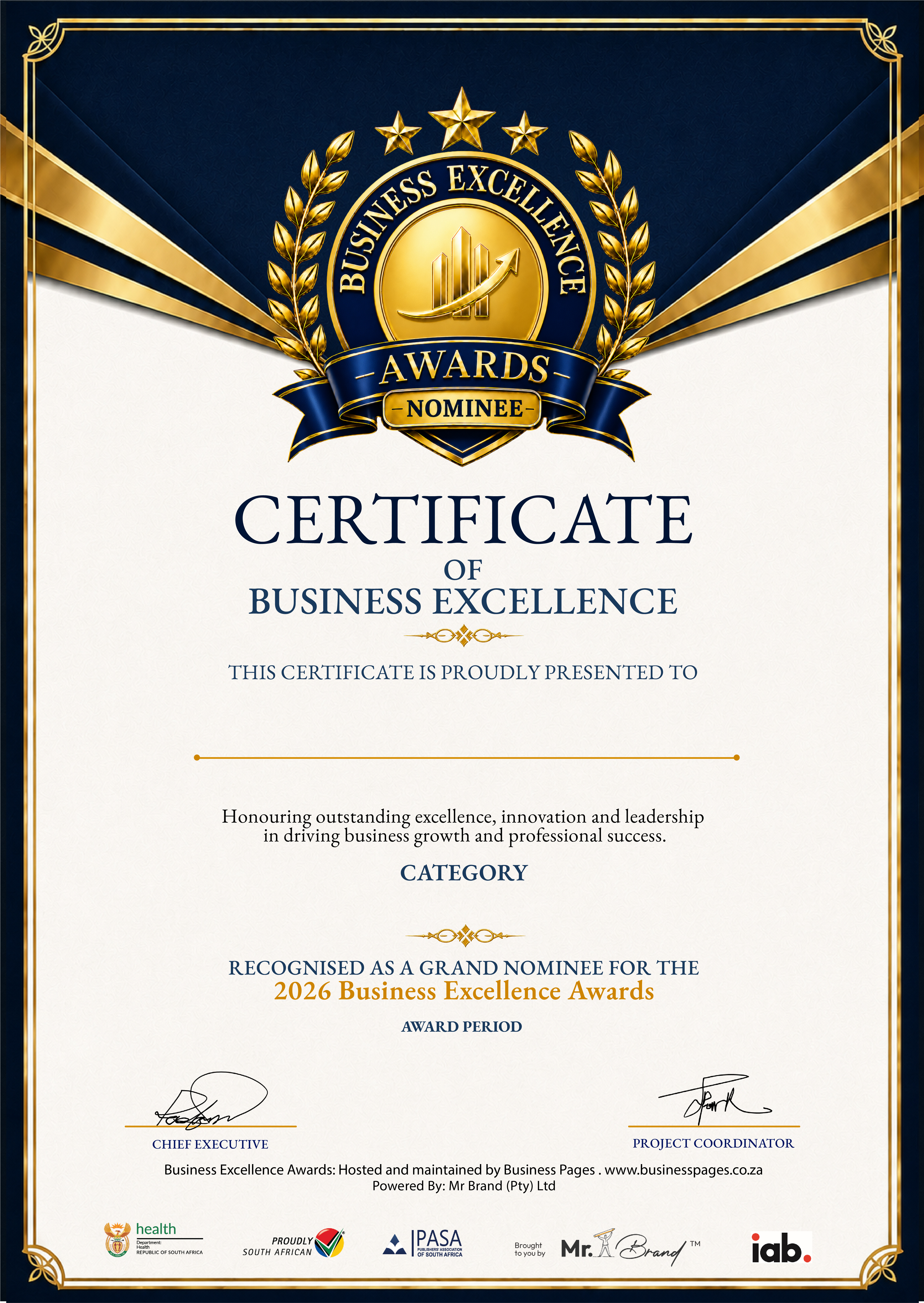 Business Excellence Awards Certificate